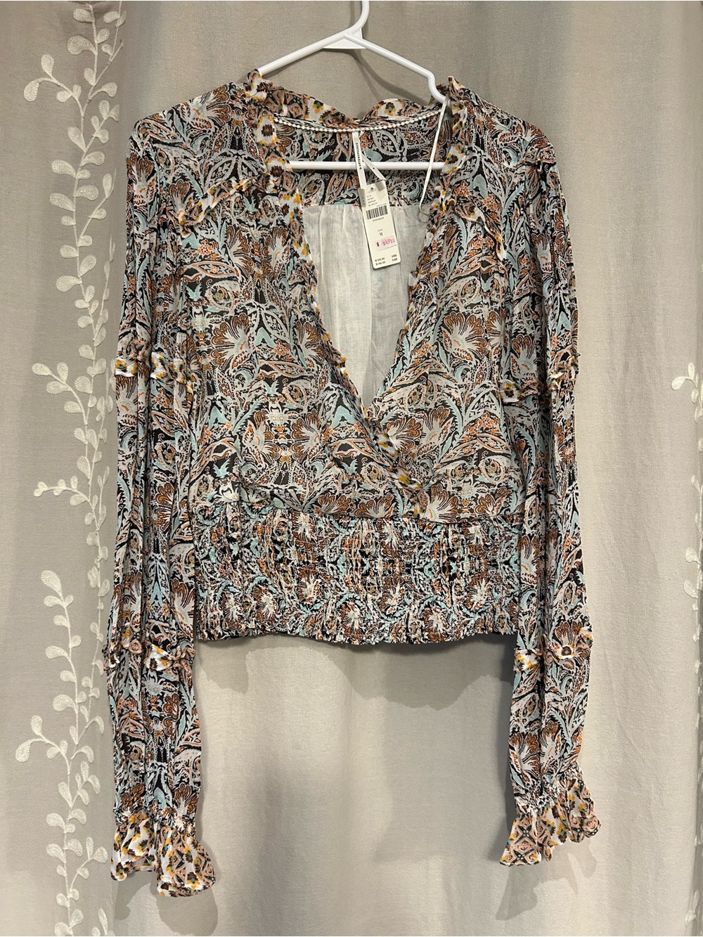 Anthropologie Floral Wrap-Style Blouse - Brown & Light Blue